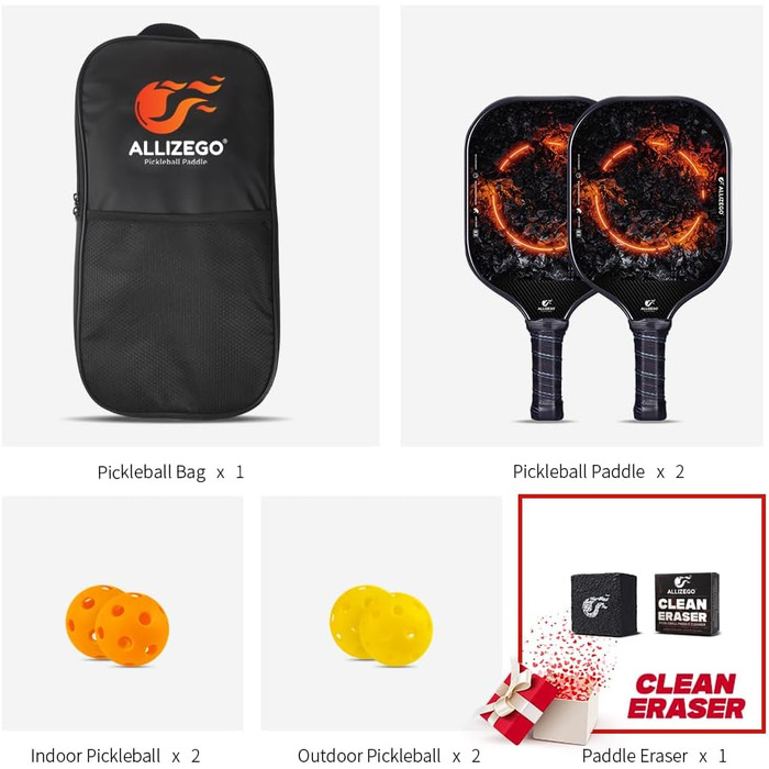 Набір ALLIZEGO Pickleball: 2 ракетки, сумка, 4 м'ячі, прибиральник