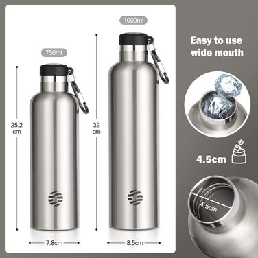 Термос-бутилка FEIJIAN FJbottle 316 нерж. сталь 1000 мл, срібляста, вакуумна, для спорту, роботи та подорожей, з карабіном, BPA-free, герметична