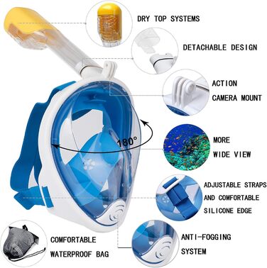 Маска для дайвінгу Lamker Маска для підводного плавання Повнолицева маска з утриманням камери Поле зору 180 Маска для дайвінгу Повна маска для обличчя дорослих і жінок Маска для підводного плавання проти запотівання Маска для плавання без зусиль L Blue
