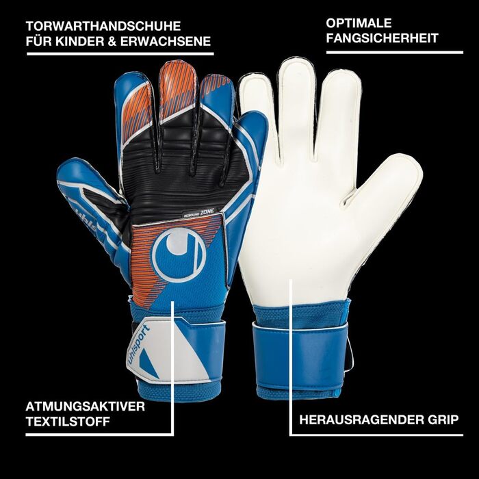 Воротарські рукавички uhlsport Soft Pro для футболу, дитячі та дорослі, з фіксацією зап'ястя, дихаючі, посилене зчеплення, сині/помаранчеві/білі, розміри 5-11