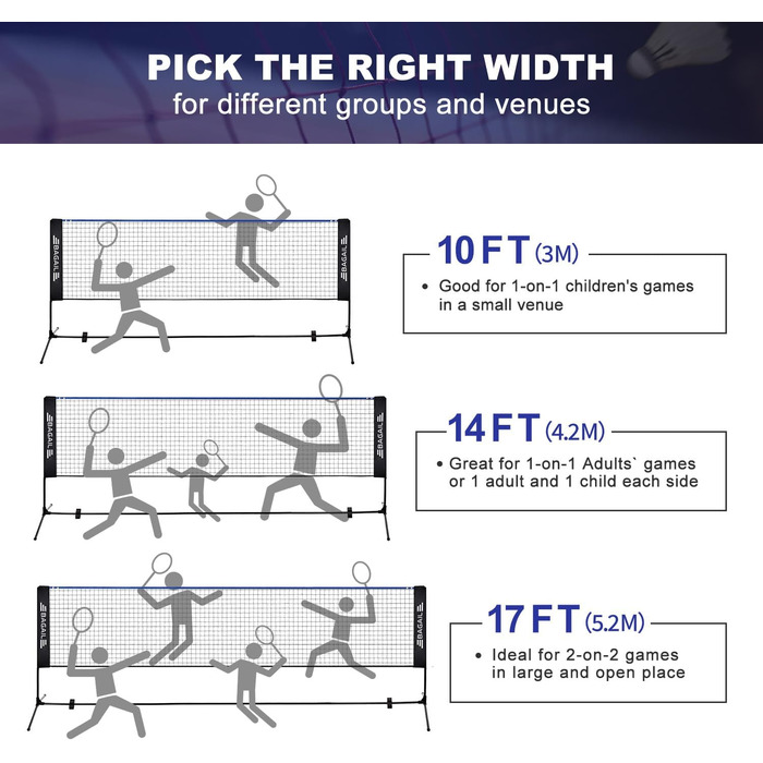 Сітка для бадмінтону BAGAIL, складна нейлонова сітка, регульована по висоті підставка та сумка для перенесення, легко встановлюється та розбирається, ідеальна спортивна сітка для тенісу, бадмінтону або волейболу (5,2 м, синій/чорний)