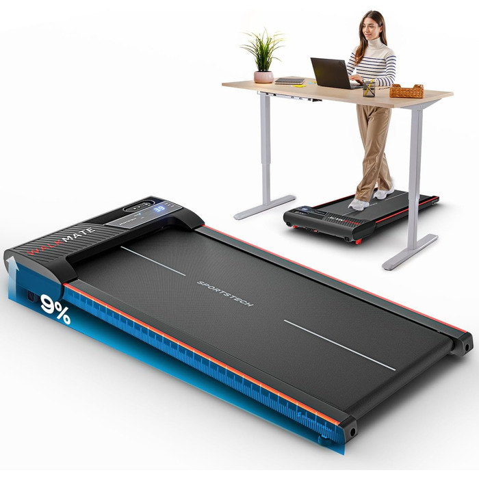 Бігова доріжка Sportstech WalkMate для ходьби до 6 км/год, регульований нахил до 9%, дистанційне керування, додаток, LCD-дисплей, лічильник кроків, компактна, до 120 кг