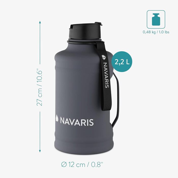 Пляшка для фітнесу Navaris 2,2 літра - з ручкою - пляшка XXL Gym Bottle - спортивна пляшка для води Water Jug - міцна спортивна пляшка з нержавіючої сталі Темно-сірий