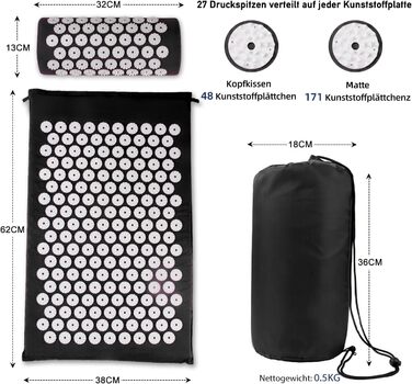 Набір для точкового масажу килимок і подушка, чорний/білий