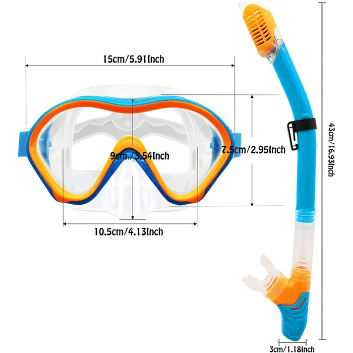 Набір трубок для дітей з ластами, панорамні окуляри для дайвінгу 180 проти запотівання дитячі, регульовані ласти, високоякісна маска для дайвінгу та трубка з сухим верхом для плавання (синій та помаранчевий)