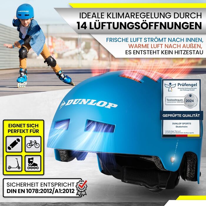 Велосипедний шолом DUNLOP SPORTS для дітей, підлітків та дорослих – міцний, легкий, універсальний, 14 вентиляційних отворів, швидка застібка, автоматичне регулювання