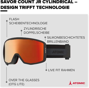 Циліндричні гірськолижні окуляри ATOMIC Count JR для дітей - чорний - Зручна оправа Live Fit - Поверх окулярів, сумісна для тих, хто носить окуляри - Clear Vision - Ремінець для окулярів з силіконовим покриттям