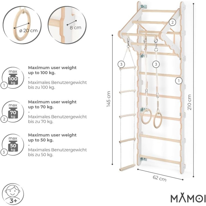 Рама для скелелазіння MAMOI шведська стінка та кільця для дітей (біла)