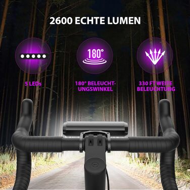 Світлодіодна велосипедна фара 8000mAh, 2600 люмен, 5 LED, USB-C, водонепроникна, алюмінієва, з 4 режимами, чорна