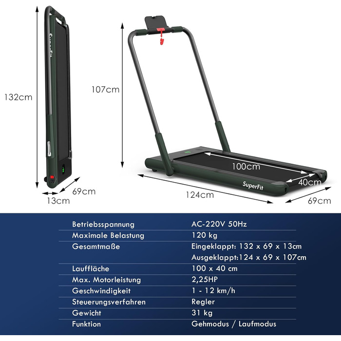 Складна бігова доріжка COSTWAY 2 в 1 2.25HP, килимок під столом, Bluetooth, пульт, 1-12 км/год, домашня бігова доріжка (зелена)