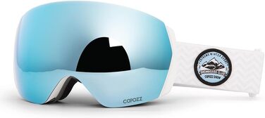 COPOZZ H2 Гіперболічна лижна маска OTG з антифогом та UV-захистом, змінна лінза, для сноуборду та лиж, чорна оправа, срібна лінза / біла оправа, бірюзова лінза, для дорослих чоловіків і жінок