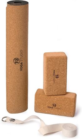 Корковий килимок для йоги, 2 x Cork Yoga Bricks (блоки), набір для йоги з ремінцем D-Ring