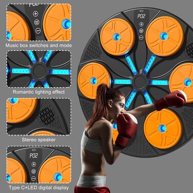 Музична боксерська машина Світлодіодна музична боксерська машина з боксерськими рукавичками, 9 режимами швидкості та режимом підрахунку підтримує велику професійну настінну боксерську мішень Bluetooth для приміщень і тренажерного залу (Black E)