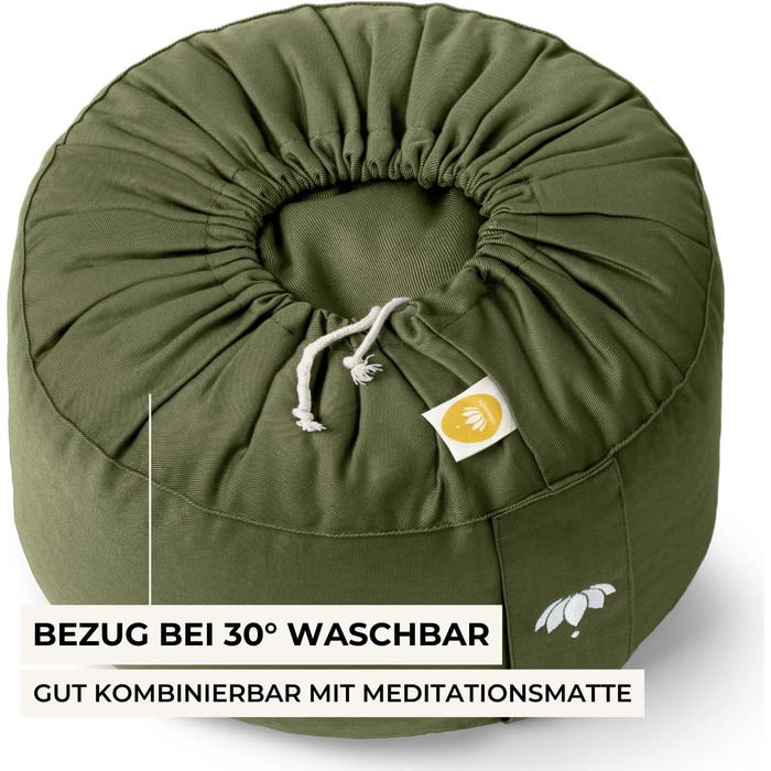 Подушка для медитації Lotuscrafts Yoga Cushion Extra High - Висота сидіння 20 см - Бавовняний чохол, який можна прати - Подушка для сидіння для йоги з наповнювачем зі спельти - Сертифіковано GOTS (олія зелена)