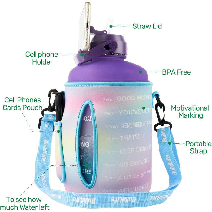 Пляшка для води QuiFit 3.8 л з трубочкою, мотиваційною розміткою, BPA Free, для спорту, фітнесу, герметична, з чохлом, лілово-синя