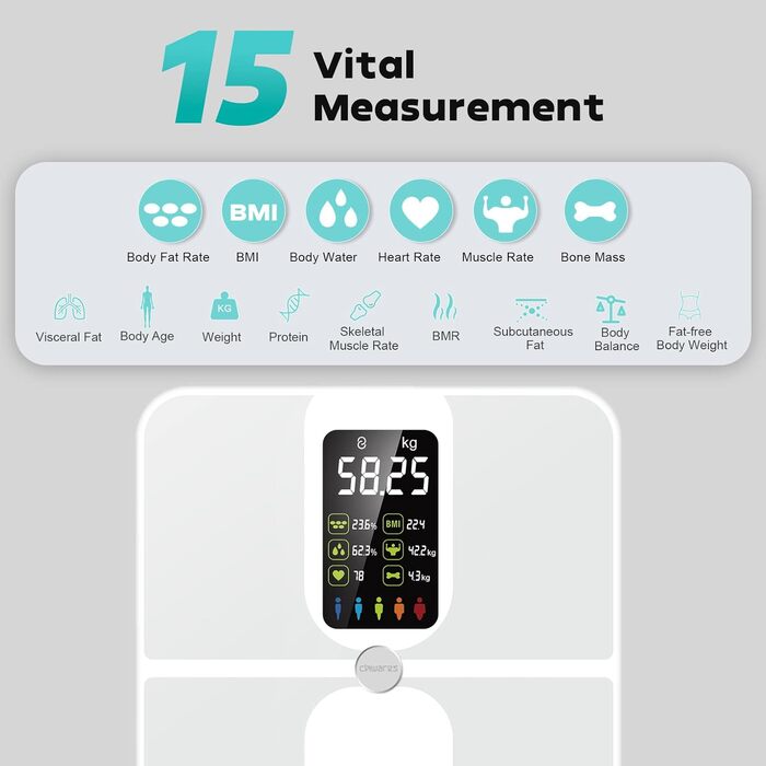 Шкала жиру в організмі CHWARES, шкала жиру в організмі та м'язової маси, шкала аналізу жиру в організмі, шкала складу тіла, надточна шкала тіла, тенденція, великий дисплей, 15 вимірювань тіла, білий