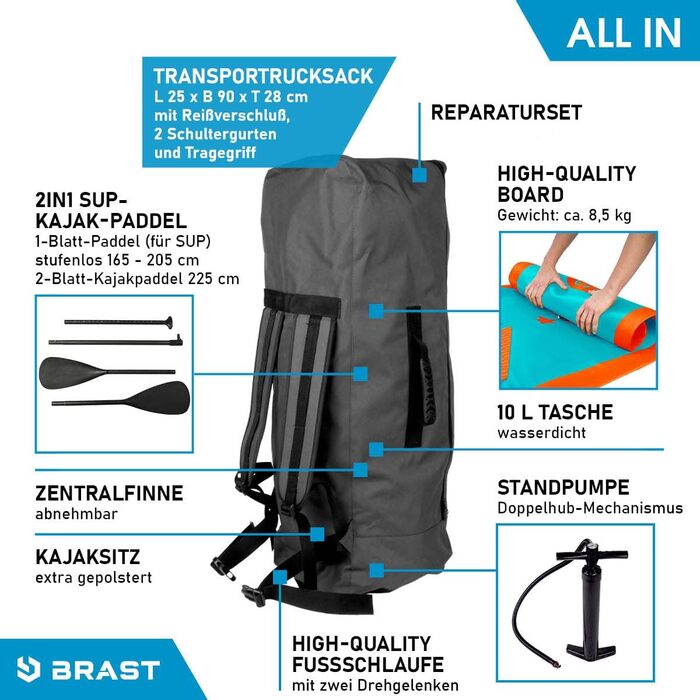 Надувна SUP дошка BRAST Summer 320x81x15 см, комплект з веслом, сидінням для каяка, камеротримачем, гарантія 5 років