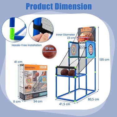 Дитяча баскетбольна машина KOMFOTTEU, набір баскетбольних ігор з лічильником результатів і звуком, баскетбольна стійка в т.ч. баскетбольні м'ячі, насос, мішені, м'ячі на липучках, баскетбольний стрілецький автомат для дітей від 3 років