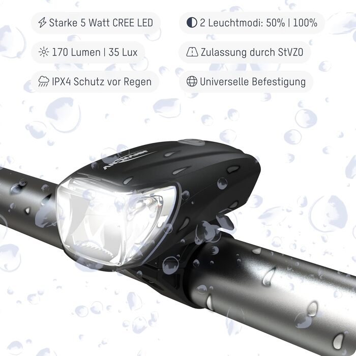 Велосипедний світловий комплект ANSMANN StVZO, CREE LED, 140 м, 35 Люкс, 170 Лм, IPX4, акумуляторний, USB, переднє та заднє світло