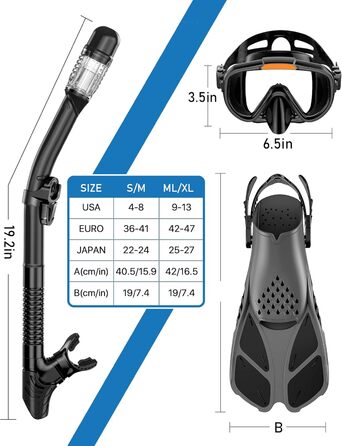 Спорядження для підводного плавання Ubekezele для дорослих, чоловіків і жінок, набір трубок 4-в-1 з панорамним видом, антизапотівання, антипротікання, трубка з сухим верхом, ласти та дорожня сумка для плавання, чорна ML/XL