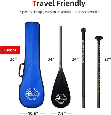 SUP весло Abahub 3-секційне карбонове з чохлом, телескопічне 170-218 см, карбоновий держак, пластикове лезо, чорне/сіре/синє/помаранчеве/червоне/жовте, для SUP-дошки та серфборду
