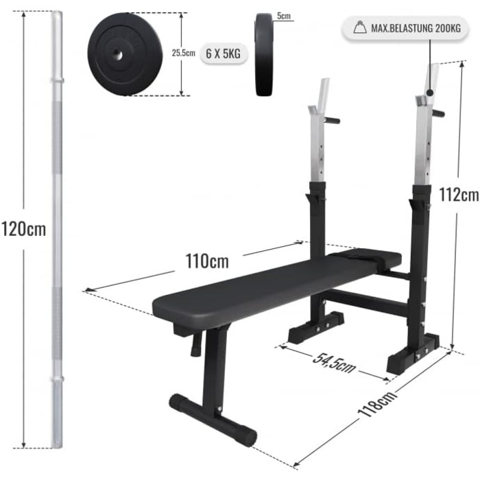 Лава для ваги GORILLA SPORTS - в т.ч. набір гантелей 38/70/100кг, полиця, станція занурення, регульована по висоті, складана, до 200 кг, чорна/біла - тренувальна лава з набором штанги, лава для штовхання, похила лава, плоска лава а) чорна 38 кг