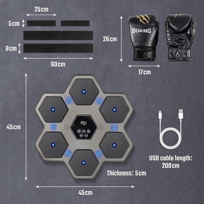 Музична боксерська машина Todeco з LED, Bluetooth, боксерськими рукавичками, настінна, 9 швидкісних режимів і режим підрахунку для дітей і дорослих, для дому, залу та приміщень