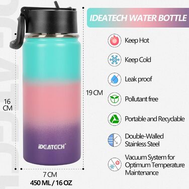 Дитяча пляшка для води IDEATECH з нержавіючої сталі, 450 мл, спортивна, для школи, з 2 кришками