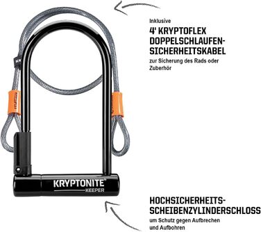 Велозамок Kryptonite Keeper Standard U-подібний, рівень безпеки 5/10, з петльовим тросом 120 см, кріпленням та 2 ключами, 10,2×20,3 см