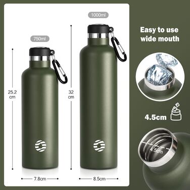 Термос-пляшка FEIJIAN FJbottle 316 нерж. сталь 1000 мл, вакуумна, з карабіном, BPA-free, спортивна, для спорту, роботи та подорожей, темно-зелена