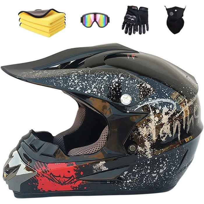 Мотошолом для дітей Motocross, чорний, 57-58 см, з рукавицями, маскою і окулярами, для мотоциклів, квадроциклів, MTB