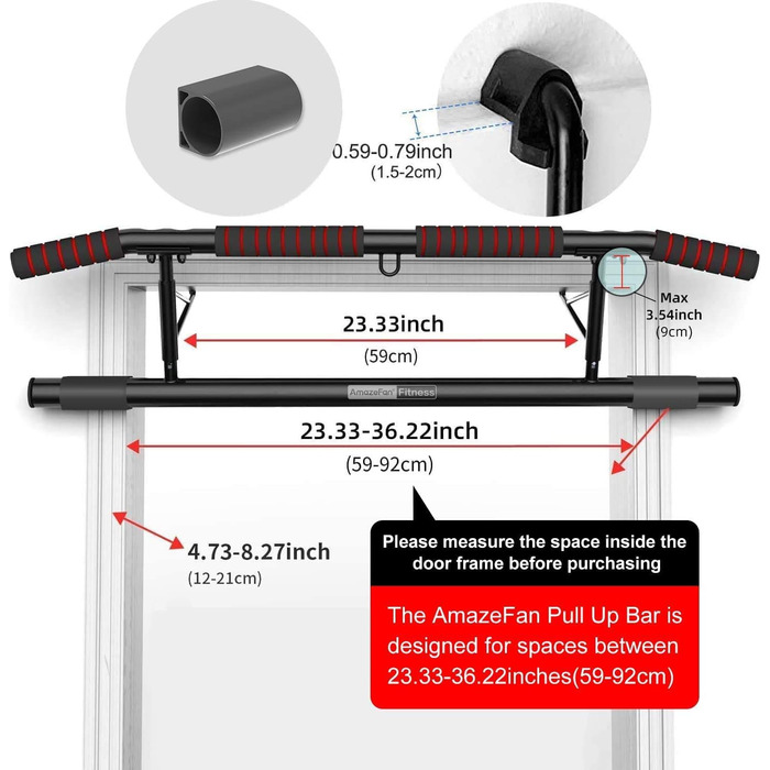 Дверна рама AmazeFan Pull-Up Bar, модернізована турніка 2024 року з кількома варіантами хвата, з додатковим тренажером для строп, універсальна застосовується для більшості дверей (чорний/червоний)