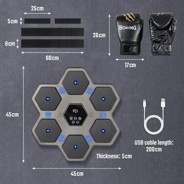 Музична боксерська машина Todeco з LED, Bluetooth, боксерськими рукавичками, настінна, 9 швидкісних режимів і режим підрахунку для дітей і дорослих, для дому, залу та приміщень