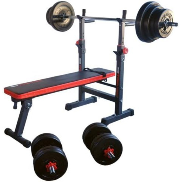 Складна лава TrainHard Multi Weight Bench Blackcombo зі штангою та гантелями та ваговими пластинами 70 кг