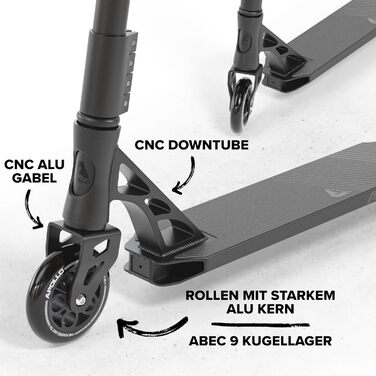 Трюковий скутер Apollo - змагання Genesis Pro X/Pro X, трюковий скутер високого класу, кулькові підшипники ABEC 9, трюковий скутер з колесами 110 мм або 120 мм і Alu Core, трюковий самокат, трюковий скутер Genesis Pro X - чорний