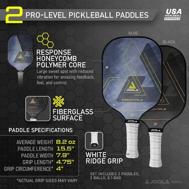 Ракетка для веслування JOOLA Pickleball Essentials зі скловолокнистою поверхнею, полімерним сердечником і сертифікацією USAPA - ідеально підходить для початківців і рекреаційних гравців (один розмір, комплект)