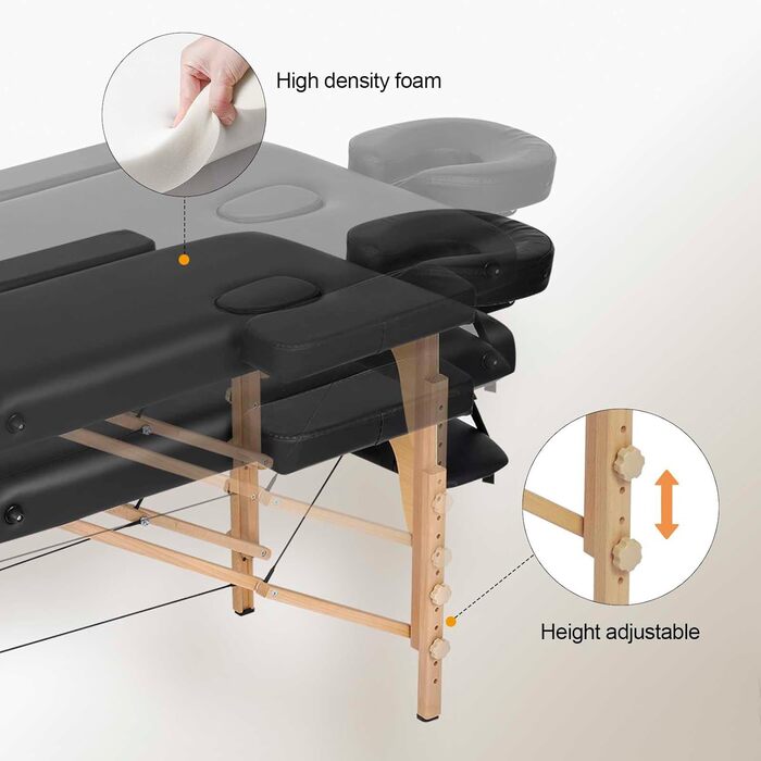 Мобільний масажний стіл 2 зони, масажний стіл складний регульований по висоті, переносна масажна лавка на дерев'яних ніжках, косметичний столик з підлокітниками підлокітник підлокітник сумка для перенесення, чорна