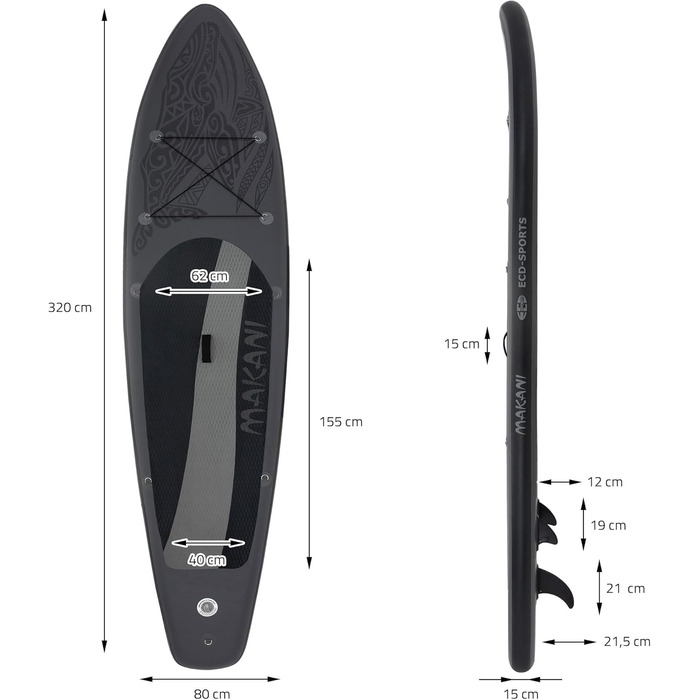 Надувна SUP-дошка ECD Germany Makani 320 см, до 150 кг, з регульованим алюмінієвим веслом і повним комплектом аксесуарів, різні кольори