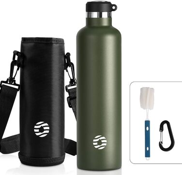Термос-пляшка FEIJIAN FJbottle 316 нерж. сталь 1000 мл, вакуумна, з карабіном, BPA-free, спортивна, для спорту, роботи та подорожей, темно-зелена
