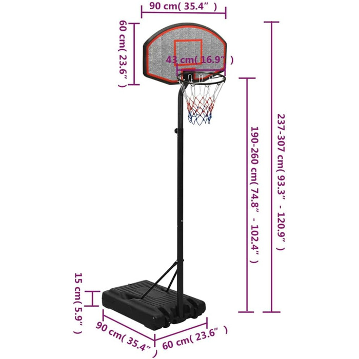 Баскетбольна стійка Регульоване по висоті баскетбольне кільце Баскетбольна система Система обручів Спортивний баскетбольний ігровий набір 237-307см Поліетилен (чорний)