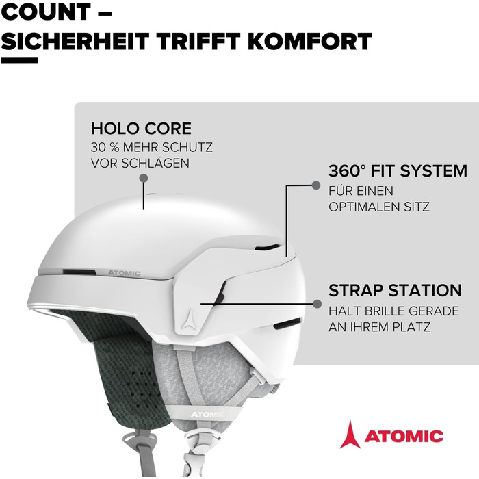 Гірськолижний шолом ATOMIC Count - Шолом для максимальної безпеки - Гірськолижні шоломи зі зручною системою 360 Fit - Шолом для сноуборду з функціональною підкладкою (Білий Верес, 55-59)