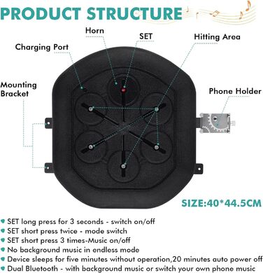 Музичний боксерський автомат Боксерський автомат Розумна музика Боксерський автомат Настінна мішень Боксерський килимок Реакційні тренування з боксу для дітей та дорослих Спортивне обладнання вдома