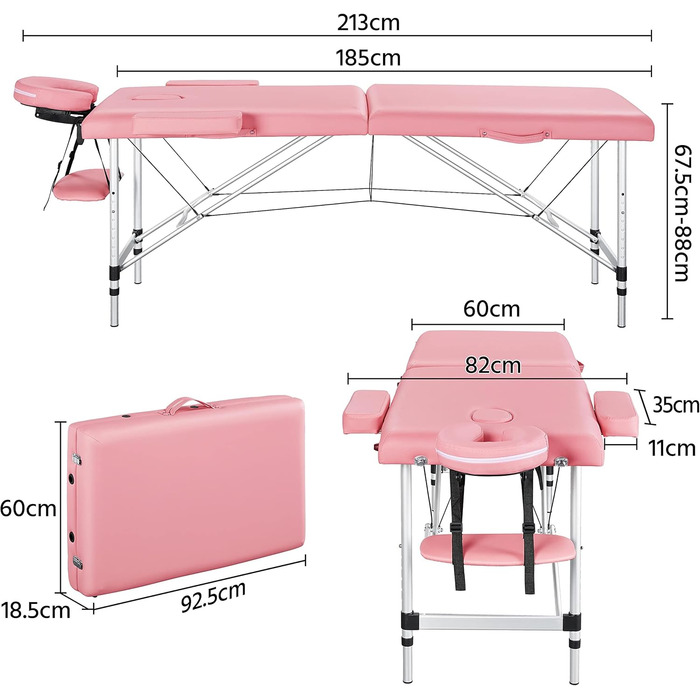 Мобільний масажний стіл Yaheetech шириною 70 см алюмінієвий масажний стіл регулюється по висоті 2 зони складний з сумкою для перенесення та підголівником до 250 кг з навантаженням (213 x 82 см, світло-рожевий)