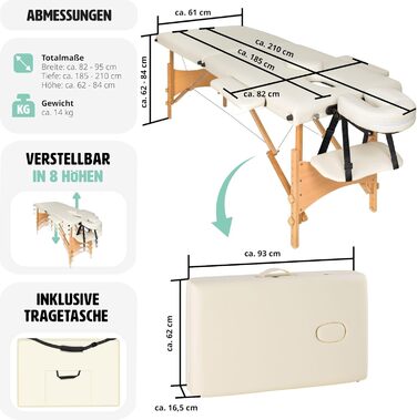 Масажний стіл Tectake 2 зони, масажний стіл складний, масажний стіл портативний з підкладкою 5 см, регульований по висоті, мобільний масажний стіл, масажна лава з дерев'яними ніжками та аксесуарами Сумка для перенесення - бежева бежева No 401462
