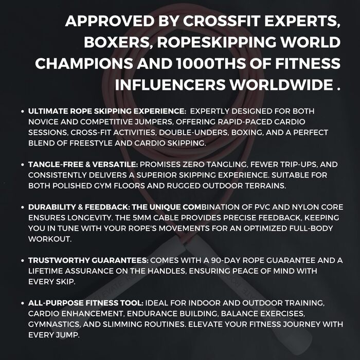 Скакалка Elevate Speed Rope MAX, професійна, міцний ПВХ з нейлоновим осердям, 5 мм, довжина до 3 м, посилені ручки