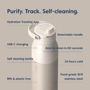 LARQ Bottle PureVis 2 680 мл – самочищувальна пляшка для води з UV-C LED, контроль через додаток, нержавіюча сталь з подвійною ізоляцією, багаторазова, 2 роки гарантії, колір Mojave Dune
