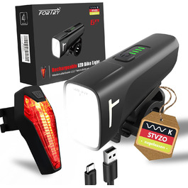 Комплект велосипедного освітлення StVZO, USB-C, LED, водонепроникний, 60 люкс, передня та задня фара