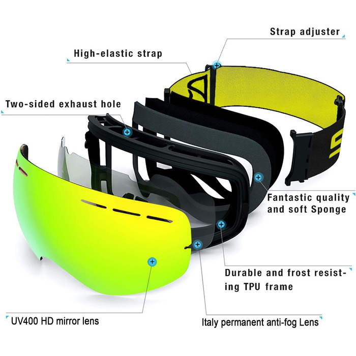 Лижні окуляри SPOSUNE OTG Окуляри для снігу для сноуборду поверх окулярів із сферичною подвійною змінною лінзою проти запотівання для чоловіків Жінки Молодіжні лижі Снігоходи Окуляри та шолом сумісні, захист UV400 (золотистий)