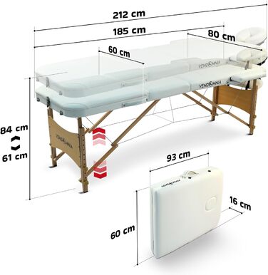 Масажний стіл VENDOMNIA, 3 зони, регульований, складний, білий