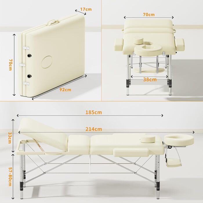 Масажний стіл Brelley Складний 3 зони шириною 70 см Регульований по висоті косметичний стіл Масажна лава, алюмінієвий тату-стіл з підголівником і підлокітниками & сумка бежева